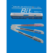 Three retractable ballpoint pens with clear plastic caps and blue accents are displayed in front of their blue retail box on a solid blue background. The packaging and pens show the brand Bit and model GP-592.
