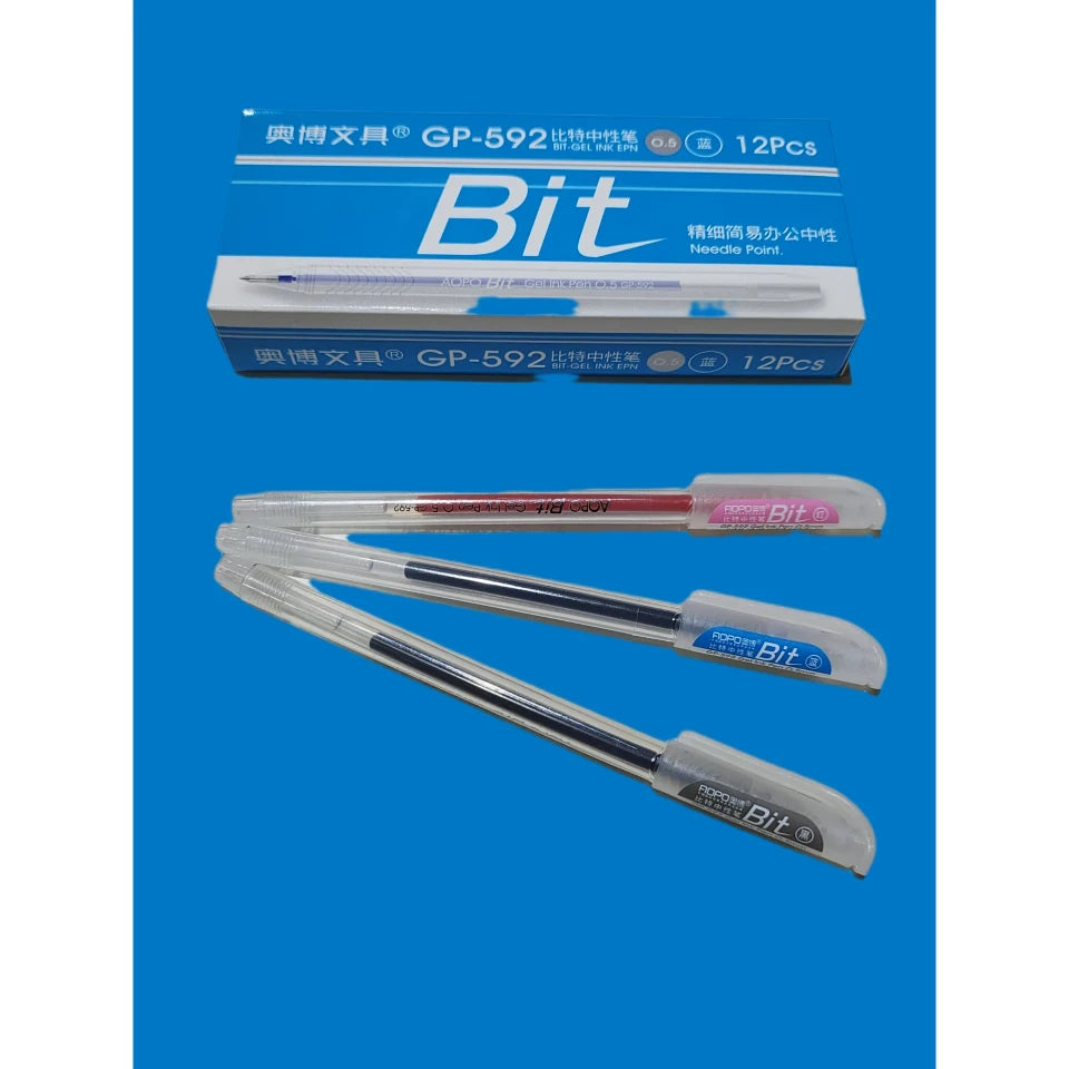 Three retractable ballpoint pens with clear plastic caps and blue accents are displayed in front of their blue retail box on a solid blue background. The packaging and pens show the brand Bit and model GP-592.